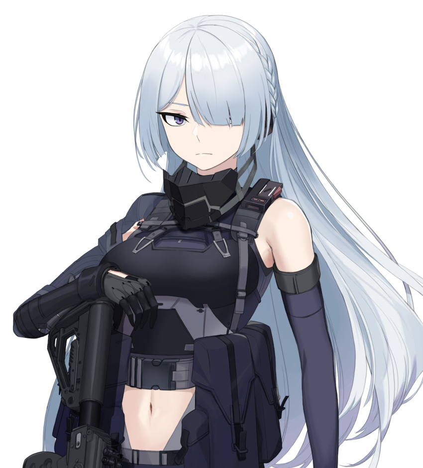 1girl ak-15 ak-15_(girls'_frontline) assault_rifle black_gloves braid breasts clothing_cutout dlarudgml21 elbow_gloves french_braid girls_frontline gloves gun hair_over_one_eye highres kalashnikov_rifle long_hair mask mask_around_neck medium_breasts mouth_mask navel rifle silver_hair solo stomach_cutout tactical_clothes upper_body violet_eyes weapon
