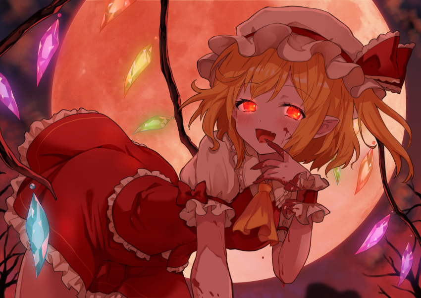 1girl ahase_hino arm_support ascot bent_over blonde_hair blood bow branch crystal fang finger_to_mouth flandre_scarlet frilled_shirt_collar frilled_skirt frilled_sleeves frills glowing glowing_eyes hat looking_at_viewer mob_cap moon one_side_up outdoors pointy_ears puffy_short_sleeves puffy_sleeves red_bow red_eyes red_moon red_skirt red_vest shirt short_hair short_sleeves skirt skirt_set solo touhou vest white_shirt wings wrist_cuffs yellow_ascot