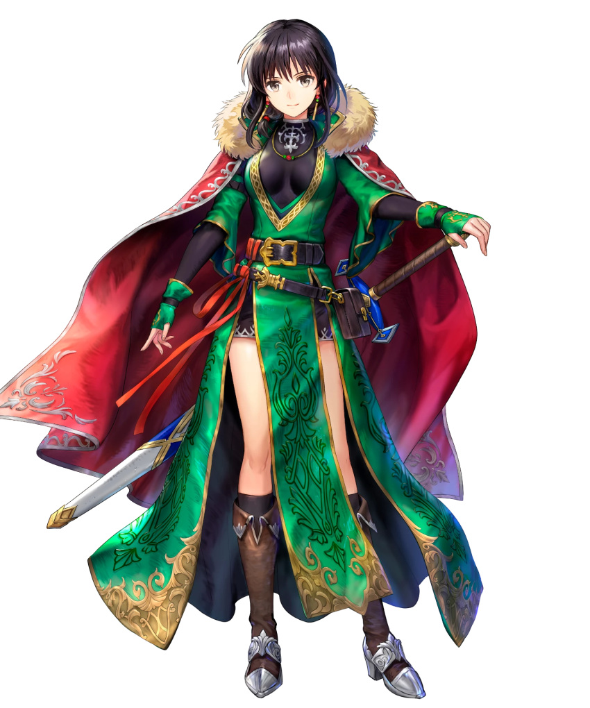 1girl asatani_tomoyo bangs belt belt_pouch black_hair black_legwear boots breasts brown_eyes cape dress earrings fingerless_gloves fingernails fire_emblem fire_emblem:_thracia_776 fire_emblem_heroes full_body fur_trim gloves gold_trim green_dress green_gloves hair_ornament high_heels highres jewelry knee_boots looking_at_viewer mareeta_(fire_emblem) medium_breasts medium_hair necklace non-web_source official_art pelvic_curtain pouch red_cape shiny shiny_hair short_sleeves skin_tight smile solo standing sword tied_hair transparent_background weapon wide_sleeves