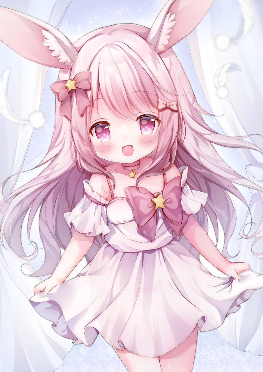 1girl absurdres animal_ear_fluff animal_ears bow child choker dress dress_grab feathers hair_bow hanasakichu highres long_hair looking_at_viewer open_mouth original pink_dress pink_eyes pink_hair rabbit_ears rabbit_girl short_sleeves smile solo