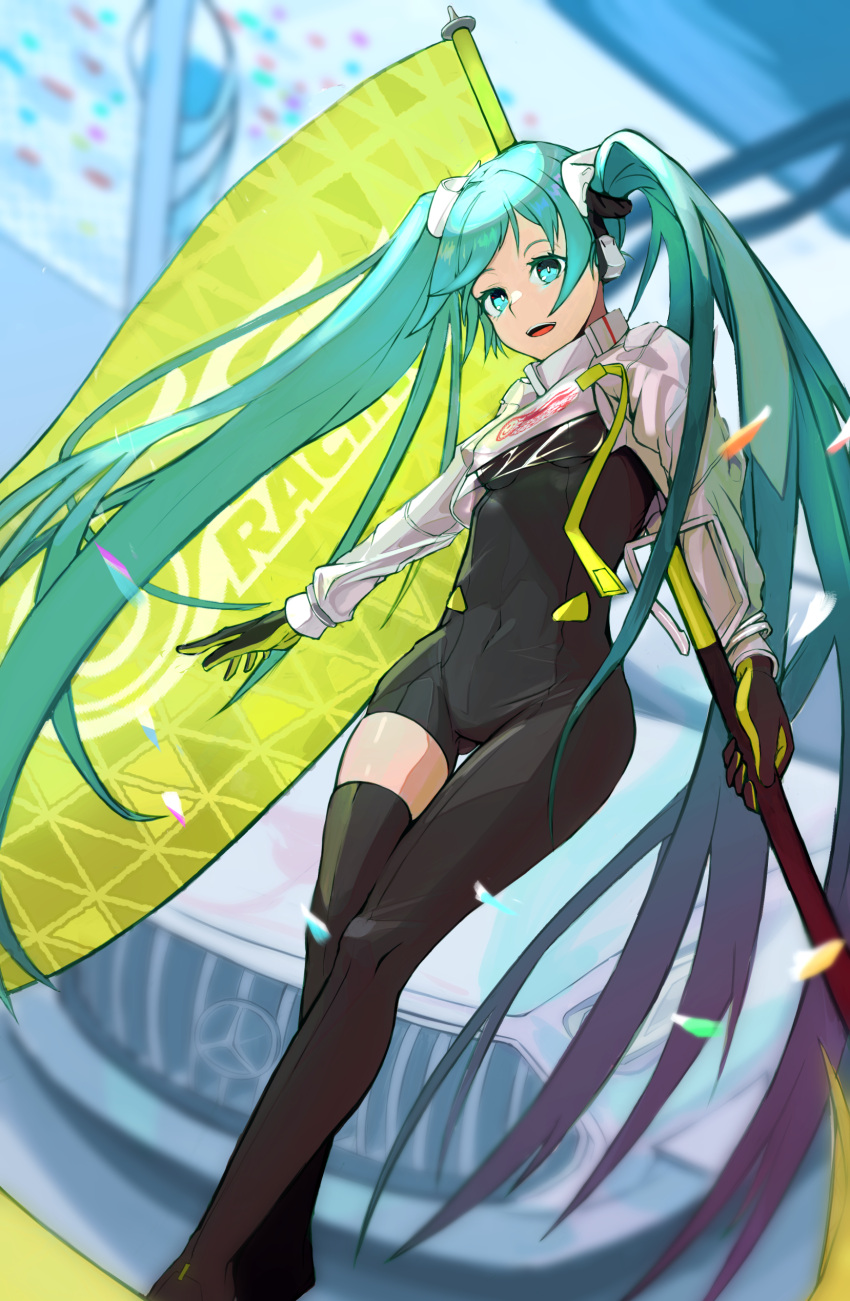 1girl 999_ducati :d absurdres aqua_hair asymmetrical_legwear black_bodysuit black_gloves blue_eyes blurry blurry_background bodysuit breasts flag floating_hair gloves hair_ornament hatsune_miku highres holding long_hair medium_breasts open_mouth racing_miku_(2022) smile solo standing twintails two-tone_gloves very_long_hair vocaloid yellow_gloves