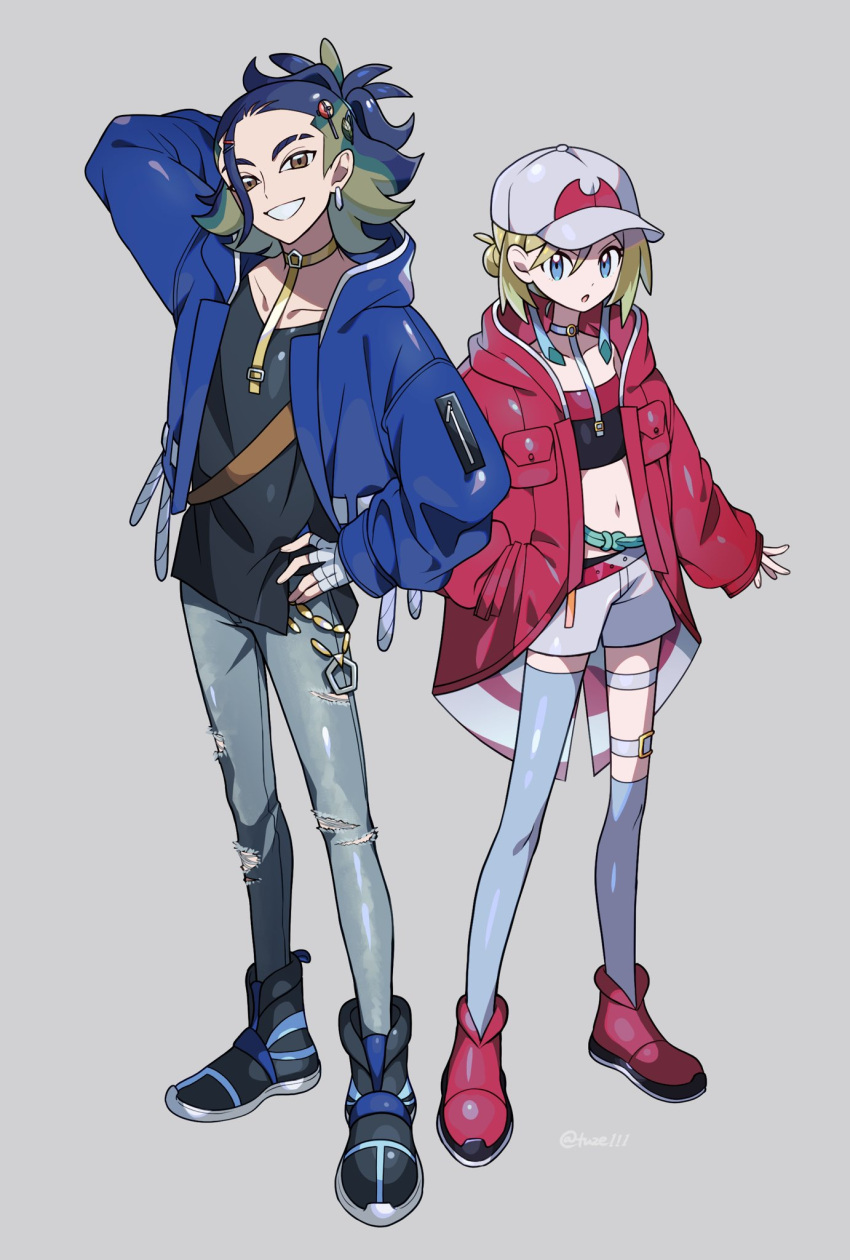 1boy 1girl adaman_(pokemon) adapted_costume arm_behind_head bangs black_footwear black_shirt blonde_hair blue_eyes blue_jacket boots brown_eyes choker coat collarbone commentary_request contemporary denim eyebrow_cut green_hair grey_background grey_legwear grey_pants grin hair_between_eyes hair_ornament hairpin hand_in_pocket hand_on_hip hand_wraps hat highres irida_(pokemon) jacket jeans long_sleeves looking_at_viewer midriff multicolored_hair navel open_clothes open_coat open_jacket pants pokemon pokemon_(game) pokemon_legends:_arceus red_coat red_footwear shirt short_hair smile standing thigh-highs tuze111 twitter_username yellow_choker