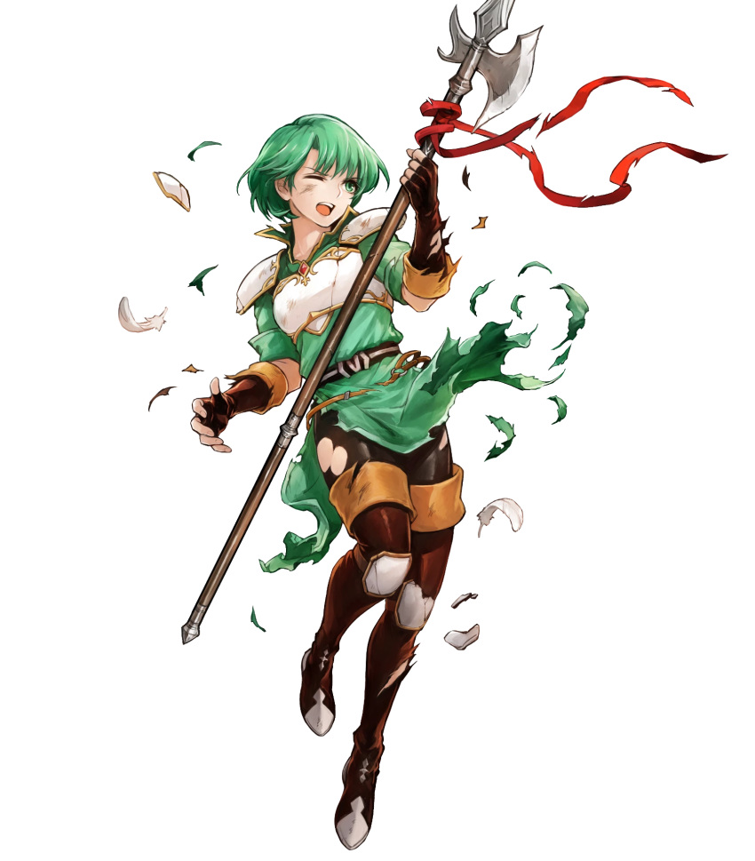 1girl armor bangs belt boots breastplate broken broken_armor broken_weapon dress elbow_gloves eyebrows_visible_through_hair feathers fingerless_gloves fire_emblem fire_emblem:_thracia_776 fire_emblem_heroes full_body gloves gold_trim green_dress green_eyes green_hair highres holding holding_weapon karin_(fire_emblem) knee_pads looking_away non-web_source official_art one_eye_closed open_mouth pantyhose polearm shiny shiny_clothes shiny_hair short_dress short_hair short_sleeves shoulder_armor solo spear thigh-highs thigh_boots torn_clothes transparent_background uroko_(mnr) weapon