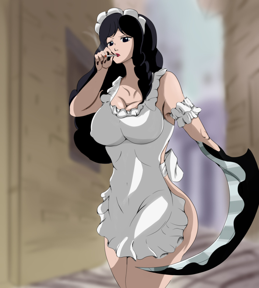 absurdres apron ass baby_5 blurry blurry_background breasts cigarette highres huge_ass large_breasts mijukuhentai naked_apron no_bra no_panties no_underwear one_piece self_upload smoking weapon wide_hips