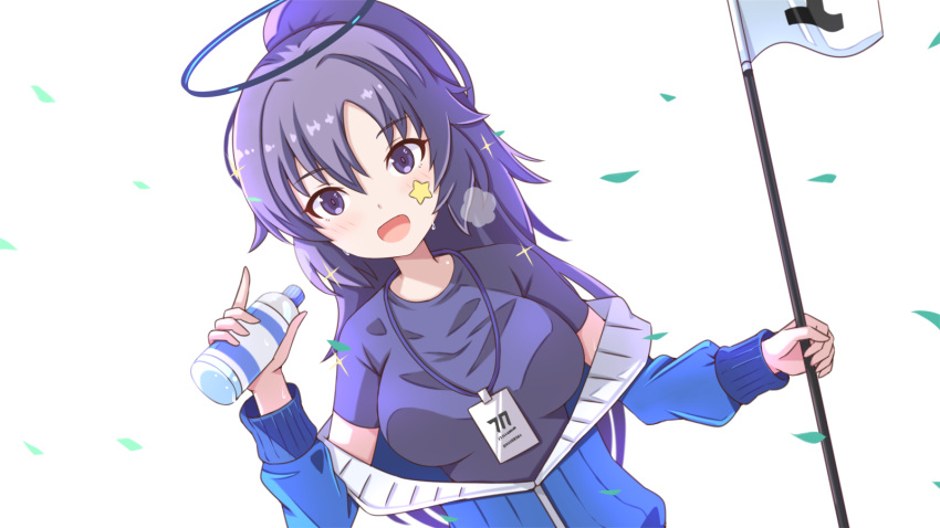 1girl bangs blue_archive blue_jacket bottle breasts daiz_(nodadaiz) eyebrows_visible_through_hair flag gym_uniform halo highres holding holding_bottle holding_flag id_card jacket large_breasts long_hair looking_at_viewer off_shoulder open_mouth parted_bangs ponytail purple_hair shirt sidelocks simple_background star_(symbol) star_sticker t-shirt upper_body violet_eyes water_bottle white_background yuuka_(blue_archive)