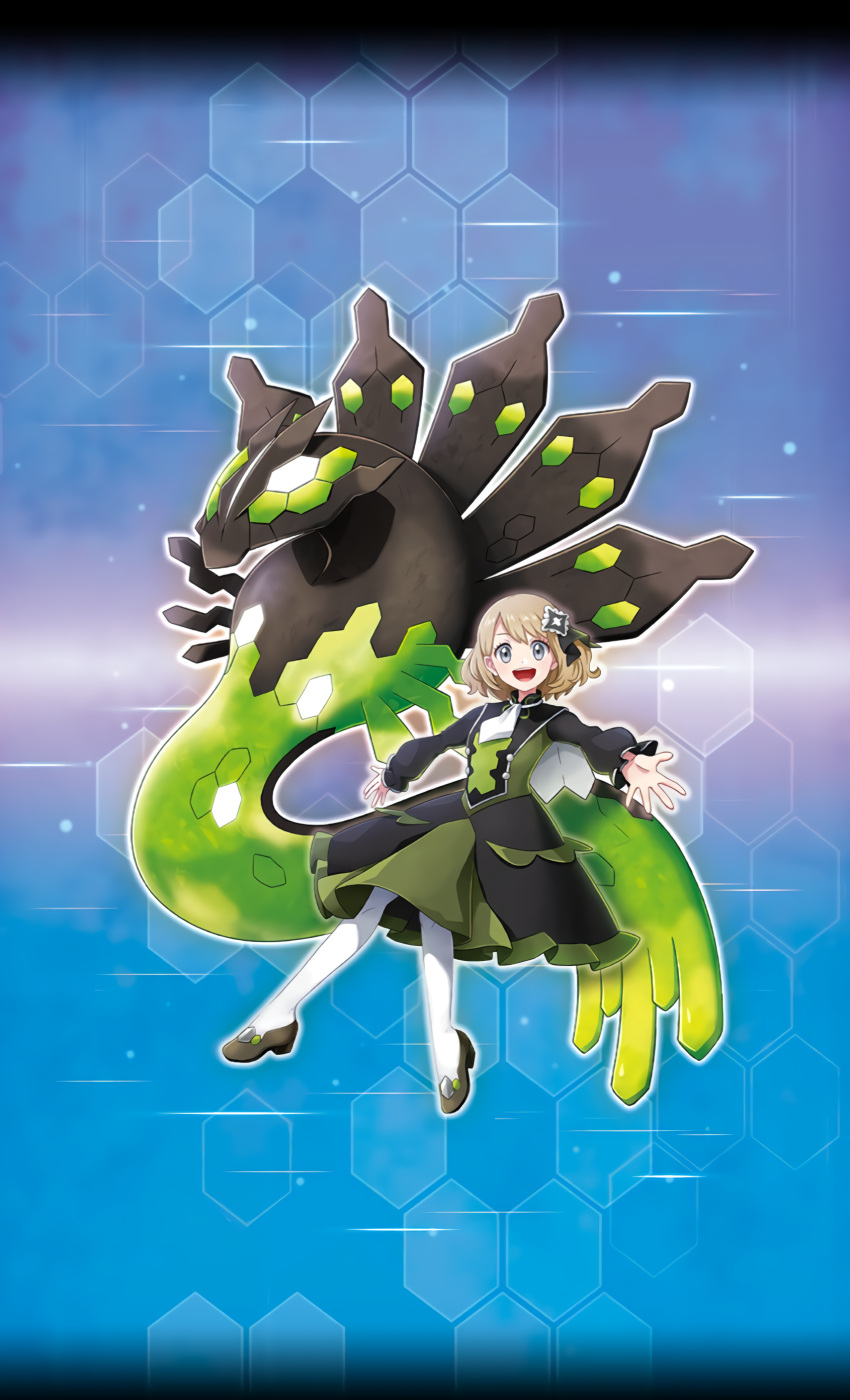 1girl :d absurdres ascot bangs black_dress black_ribbon blonde_hair dress eyelashes grey_eyes hair_ornament hair_ribbon highres knees long_sleeves looking_at_viewer medium_hair non-web_source official_alternate_costume official_art open_mouth outstretched_arms pantyhose pokemon pokemon_(creature) pokemon_(game) pokemon_masters_ex ribbon serena_(pokemon) shoes smile spread_fingers teeth tongue upper_teeth white_ascot white_legwear zygarde zygarde_(50)