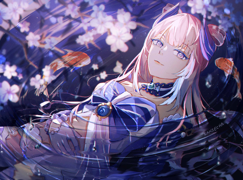 1girl absurdres afloat artist_name bangs blue_hair blunt_bangs branch breasts cherry_blossoms colored_tips commentary_request fish floating frilled_sleeves frills genshin_impact gloves gradient_hair half_gloves hand_on_own_stomach highres lansecha light_smile long_hair looking_at_viewer lying multicolored_hair on_back partially_submerged pink_eyes pink_hair pink_lips ripples sangonomiya_kokomi signature small_breasts solo upper_body violet_eyes vision_(genshin_impact) water wide_sleeves