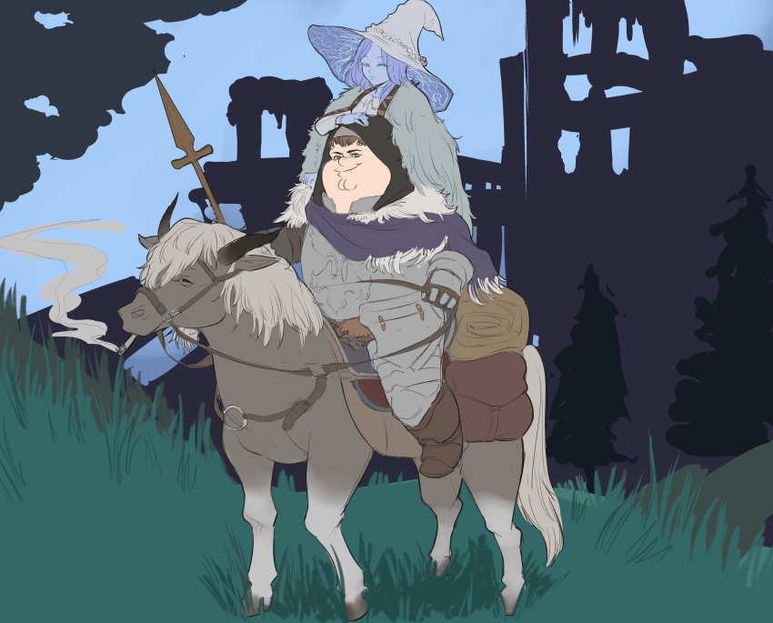 1boy 1girl absurdres armor blue_hair blue_skin breastplate brown_hair carrying cleft_chin colored_skin crossover elden_ring family_guy fur_cloak gauntlets grass green_eyes hat highres holding holding_polearm holding_reins holding_weapon kowai_(iamkowai) looking_at_viewer outdoors peter_griffin polearm ranni_the_witch reins shoulder_carry smile spear torrent_(elden_ring) weapon witch_hat