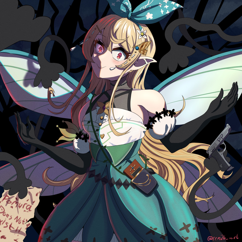 1girl absurdres bangs bare_shoulders blonde_hair blush bow butterfly_hair_ornament commentary constricted_pupils dress elbow_gloves english_commentary english_text fairy fairy_wings fyretrck26 gloves glowing glowing_eyes green_dress gun hair_bow hair_ornament halloween handgun highres long_arms long_hair looking_at_viewer nijisanji nijisanji_en paper pistol pointy_ears pomu_rainpuff red_eyes shadow smile solo twitter_username virtual_youtuber weapon wings
