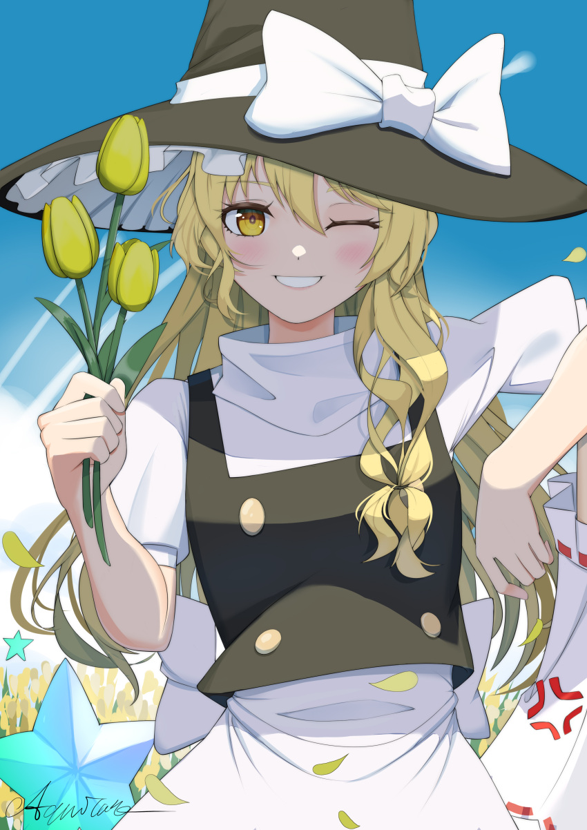 1girl :d absurdres aquilar bangs black_dress blonde_hair blue_sky clouds cloudy_sky dress flower grin hat highres holding holding_flower kirisame_marisa long_hair looking_at_viewer one_eye_closed outdoors petals shooting_star short_sleeves sky smile teeth touhou witch witch_hat yellow_eyes yellow_flower