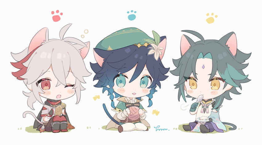 ahoge animal_ears bangs bead_necklace beads black_hair blue_hair blush blush_stickers cape cat_boy cat_ears cat_tail chibi crossed_bangs fang flower food genshin_impact gradient_hair green_eyes green_hair hair_between_eyes highres holding holding_food japanese_clothes jewelry kaedehara_kazuha long_sleeves male_focus multicolored_hair necklace one_eye_closed parted_lips paw_print ponytail red_eyes simple_background sitting spoon streaked_hair tail taiyaki tamam_gnsn venti_(genshin_impact) wagashi white_flower xiao_(genshin_impact) yarn yarn_ball yellow_eyes