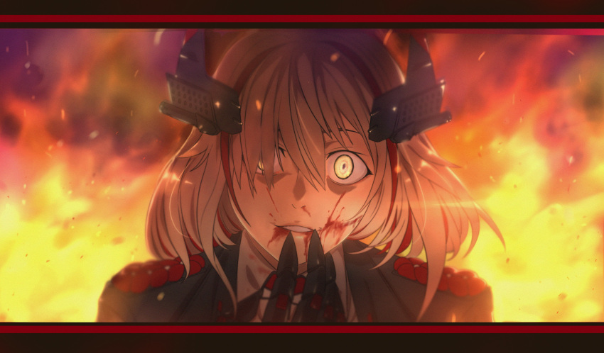 1girl absurdres akizuki_(17769498) azur_lane black_jacket blood blood_on_face collared_shirt crazy_eyes fire grey_shirt hair_between_eyes hand_to_own_mouth headgear highres jacket light_brown_hair mechanical_hands multicolored_hair prosthetic_hand redhead roon_(azur_lane) shirt solo streaked_hair two-tone_hair upper_body yellow_eyes
