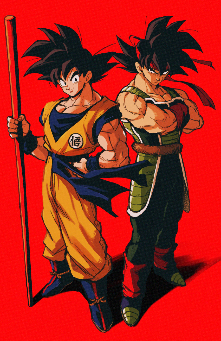 2boys absurdres armor bardock black_eyes black_hair dougi dragon_ball dragon_ball_(classic) dragon_ball_z father_and_son full_body highres holding holding_polearm holding_weapon looking_at_viewer male_focus monkey_tail multiple_boys muscular nyoibo polearm red_background relio_db318 saiyan saiyan_armor scar scar_on_face short_hair simple_background smile son_goku spiky_hair staff standing straight-on tail weapon