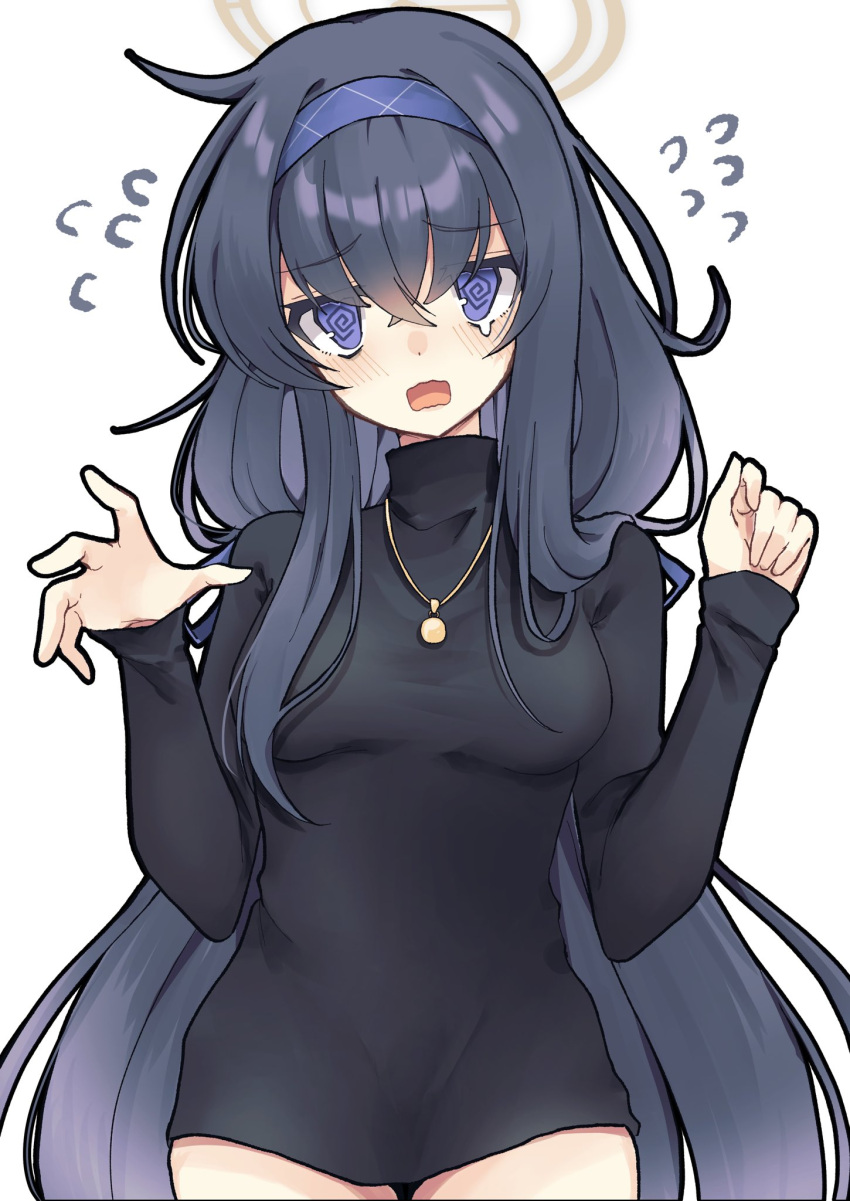1girl @_@ bangs black_hair black_undershirt blue_archive breasts crossed_bangs eyebrows_visible_through_hair flying_sweatdrops hair_between_eyes hairband halo hands_up hataraku73 highres jewelry long_hair long_sleeves looking_at_viewer medium_breasts open_mouth pendant purple_hairband simple_background solo striped striped_hairband tearing_up ui_(blue_archive) upper_body violet_eyes white_background