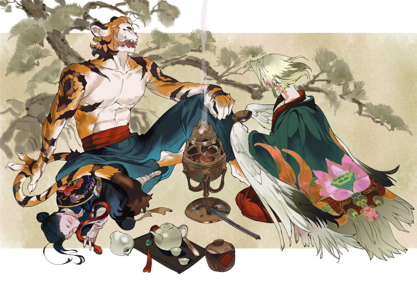 3boys animal_ears animal_hands atie1225 baggy_pants bandages bird_tail black_hair blonde_hair branch chinese_clothes chinese_zodiac claws cup feathered_wings feathers foot_wraps fur hair_bun hanfu harpy_boy holding holding_cup lying male_focus monster_boy multiple_boys original pants robe scar scar_on_cheek scar_on_face scar_on_neck sharp_teeth snake tail tea teacup teapot teeth tiger_boy tiger_ears tiger_stripes tree under_tree watercolor_background wings yawning