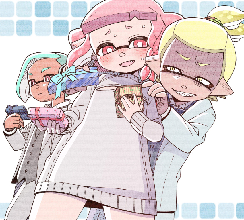 1boy 2girls absurdres aqua_hair bangs blonde_hair blush bow bowtie closed_mouth collared_shirt fang formal from_below gift grey_shirt hand_on_another's_shoulder highres holding holding_gift inkling long_sleeves multiple_girls open_mouth pants pink_eyes pink_hair pointy_ears shaded_face sharp_teeth shirt short_hair smile splatoon_(series) standing suit suit_jacket sweat sweater teeth tentacle_hair white_background white_pants white_suit white_sweater yellow_eyes yoshizawa_miyabi