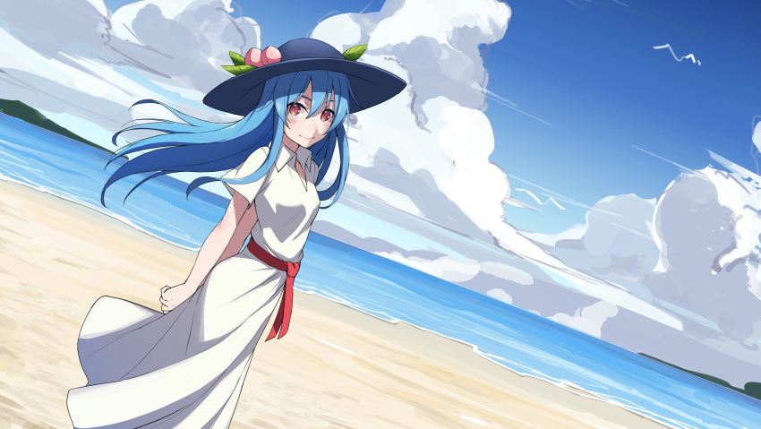 1girl absurdres arms_behind_back bangs beach blue_hair blue_headwear blue_sky closed_mouth clouds collared_dress day dress dutch_angle floating_hair hair_between_eyes hat highres hinanawi_tenshi long_dress long_hair looking_at_viewer ocean outdoors red_eyes short_sleeves sky smile solo standing straight_hair sun_hat sundress touhou very_long_hair white_dress wing_collar yoshinatsu