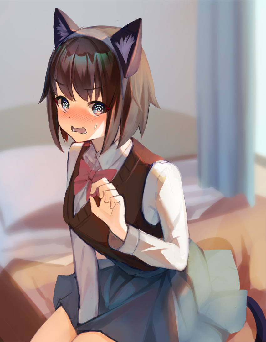 1girl @_@ animal_ear_fluff animal_ears bangs bed between_legs black_eyes blue_skirt blurry blurry_background blush bow cat_ears cat_tail collared_shirt commentary_request curtains depth_of_field eyebrows_visible_through_hair fake_animal_ears hand_between_legs hand_up highres indoors long_sleeves looking_at_viewer nose_blush on_bed open_mouth original pillow pink_bow pleated_skirt school_uniform shirt sitting sitting_on_bed skirt solo sweat sweater_vest tail v-shaped_eyebrows wavy_hair white_shirt yoshimori_isa
