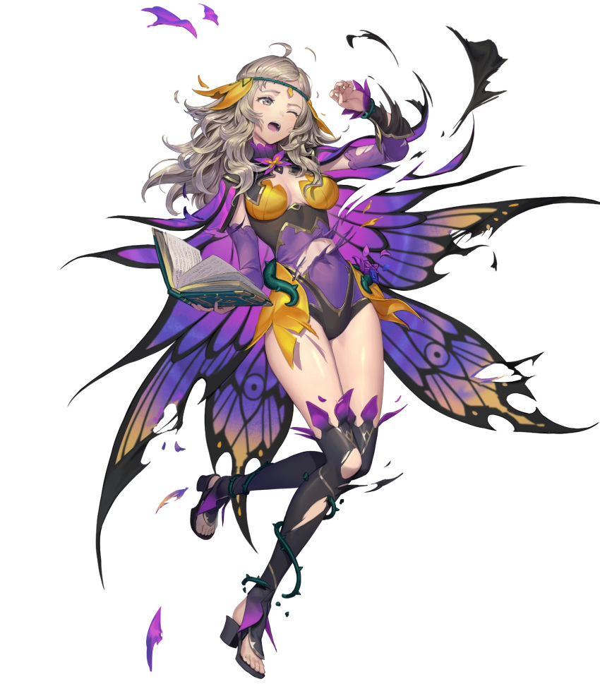 1girl ahoge alternate_costume bangs blonde_hair blush book boots breasts brown_eyes cape detached_sleeves fire_emblem fire_emblem_fates fire_emblem_heroes full_body gesoking gradient gradient_clothes hair_ornament hand_up highres holding holding_book leg_up leotard long_hair looking_away medium_breasts non-web_source official_art one_eye_closed open_book open_mouth ophelia_(fire_emblem) shiny shiny_hair shiny_skin solo thigh-highs thigh_boots toeless_footwear toes torn_clothes transparent_background