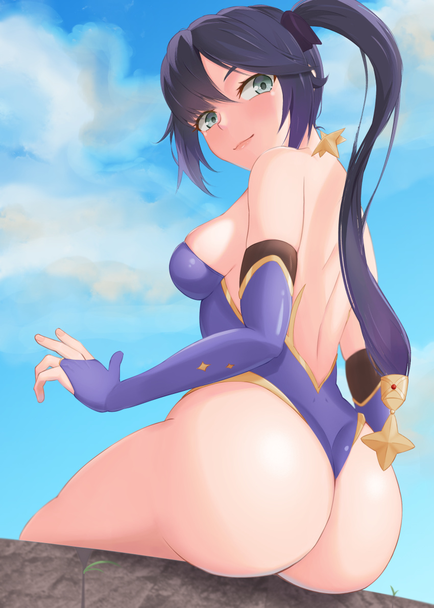 1girl a-o_a absurdres ass ass_focus bangs bare_back bare_shoulders black_hair blue_sky breasts elbow_gloves fingerless_gloves from_behind genshin_impact gloves gold_trim green_eyes highleg highres leotard long_hair looking_at_viewer looking_back mona_(genshin_impact) purple_leotard sideboob sitting sky small_breasts solo strapless strapless_leotard twintails