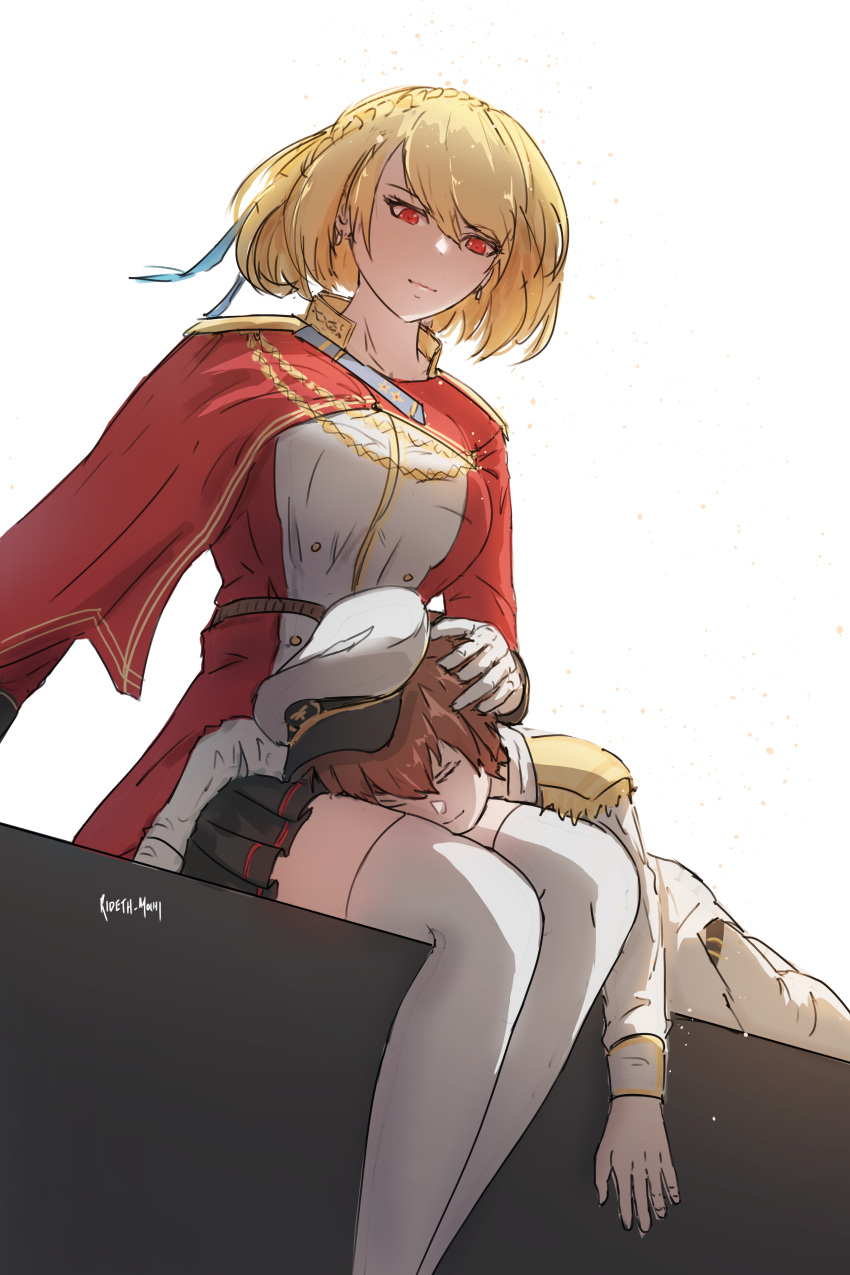 1boy 1girl absurdres age_difference artist_name azur_lane blonde_hair braid cape commander_(azur_lane) commission crown_braid english_commentary hand_on_another's_head hat highres lap_pillow little_boy_commander_(azur_lane) military military_uniform naval_uniform onee-shota pleated_skirt prince_of_wales_(azur_lane) red_eyes rideth_mochi sitting skirt thigh-highs uniform