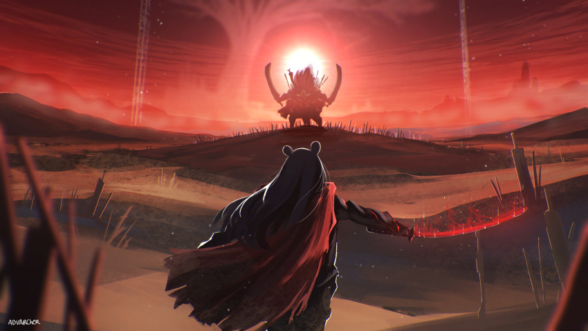 1girl 1other anonamos artist_name back cloak dual_wielding elden_ring field_of_blades from_behind glowing glowing_sword glowing_weapon highres holding holding_sword holding_weapon hololive hololive_english imminent_fight katana long_hair mountainous_horizon ninomae_ina'nis red_sky sand scenery silhouette sky starscourge_radahn sun sunset sword virtual_youtuber weapon yggdrasil
