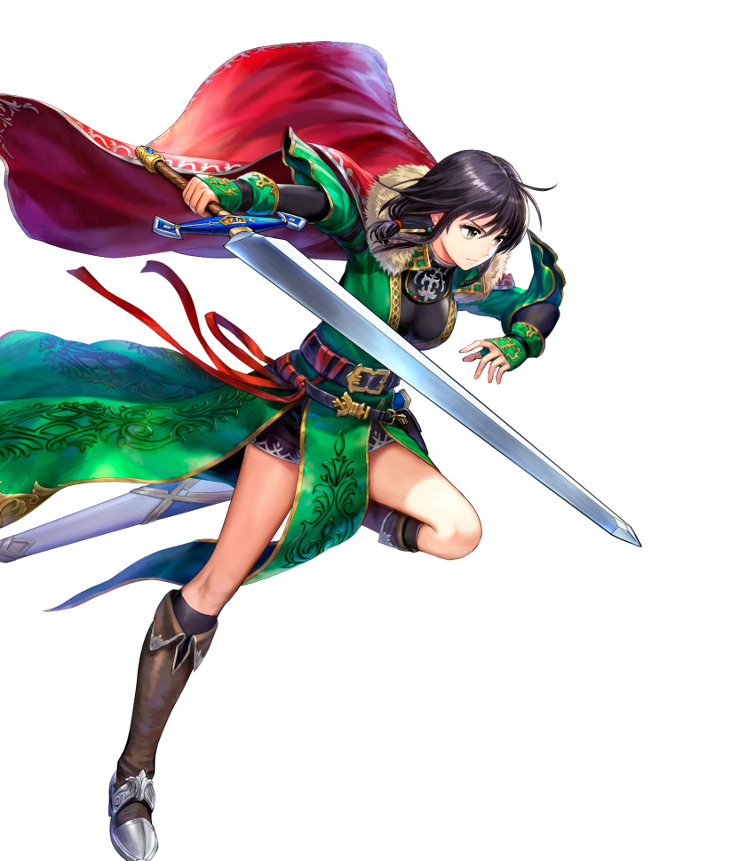 1girl asatani_tomoyo bangs belt belt_pouch black_hair black_legwear boots breasts brown_eyes cape closed_mouth dress earrings fingerless_gloves fingernails fire_emblem fire_emblem:_thracia_776 fire_emblem_heroes full_body fur_trim gloves gold_trim green_dress green_gloves hair_ornament highres holding holding_sword holding_weapon jewelry knee_boots leg_up looking_away mareeta_(fire_emblem) medium_breasts medium_hair necklace non-web_source official_art pelvic_curtain pouch red_cape sheath shiny shiny_hair short_sleeves skin_tight solo sword transparent_background weapon wide_sleeves