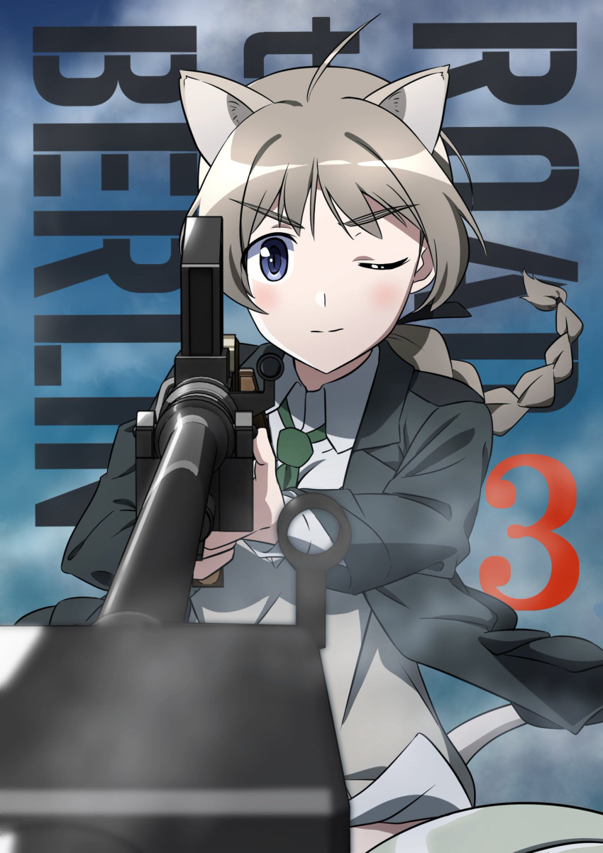 1girl ahoge aiming_at_viewer animal_ears background_text bangs black_jacket blazer blue_eyes blurry blurry_foreground boys_anti_tank_rifle braid braided_ponytail brown_hair cat_ears cat_tail closed_mouth clouds cloudy_sky commentary copyright_name day depth_of_field dress_shirt english_text eyebrows_visible_through_hair flying foreshortening frown green_necktie gun highres jacket long_hair looking_at_viewer lynette_bishop necktie no_pants oinari_(koheihei1109) one_eye_closed outdoors rifle shirt single_braid sky sniper_rifle solo strike_witches striker_unit tail weapon white_shirt wind wing_collar world_witches_series