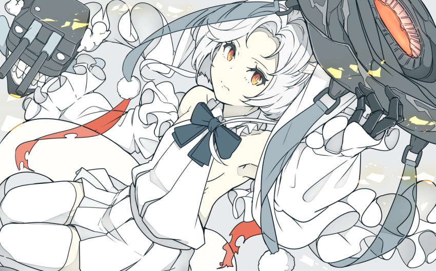 1girl abyssal_jade_princess abyssal_ship black_bow black_bowtie bow bowtie breasts closed_mouth detached_sleeves dress frills grey_background hat holding holding_clothes holding_hat kantai_collection ninimo_nimo orange_eyes pale_skin short_hair simple_background skeletal_hand small_breasts solo teeth thigh-highs turret white_dress white_hair white_legwear