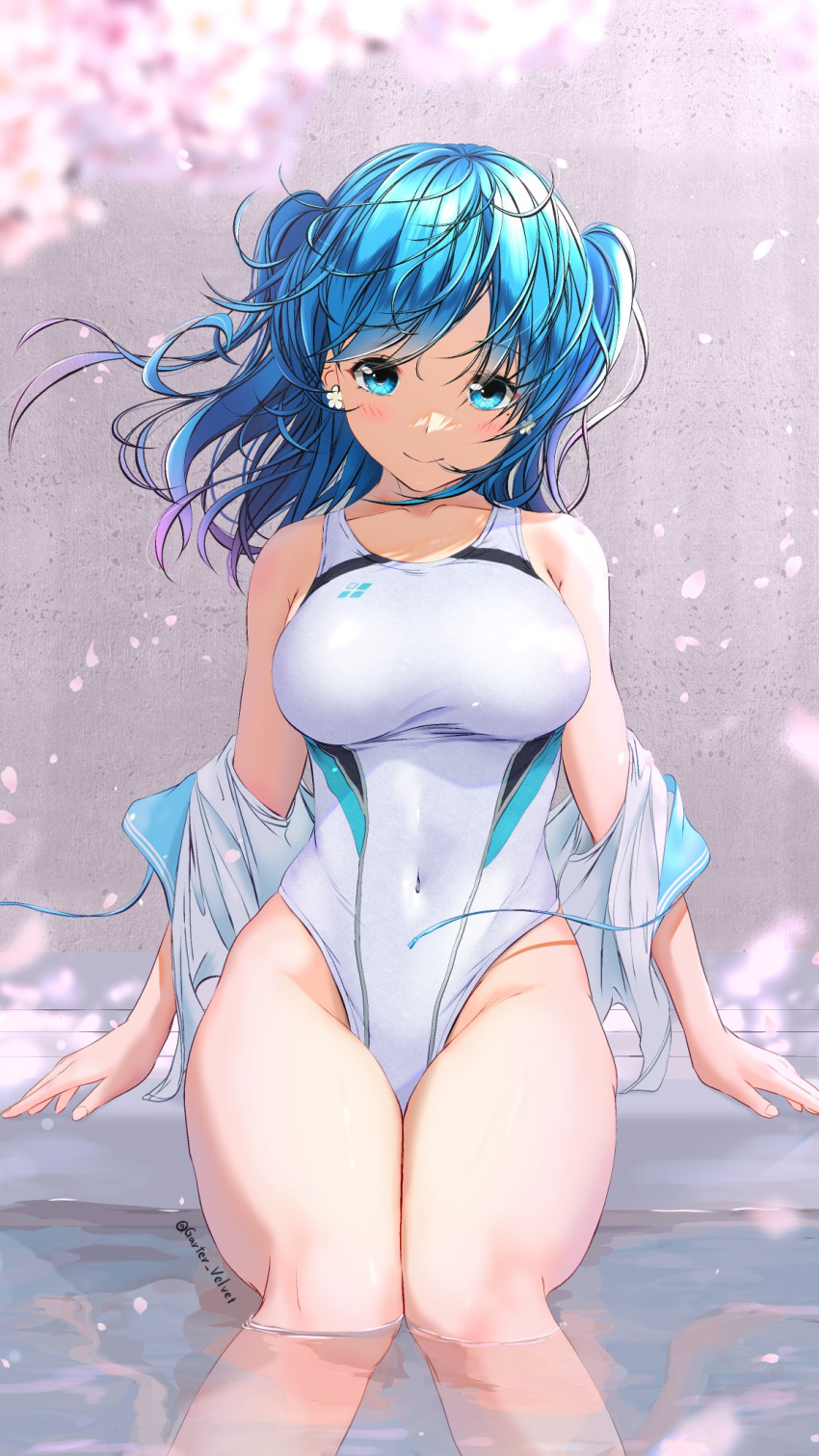 1girl aigami_shion bangs blue_hair blue_sailor_collar breasts cherry_tree collarbone competition_swimsuit covered_navel earrings falling_petals floating_hair flower_earrings garter-velvet highres jewelry large_breasts long_hair looking_at_viewer off_shoulder one-piece_swimsuit original partially_submerged petals pool sailor_collar school_uniform serafuku shirt smile solo swimsuit twitter_username white_shirt white_swimsuit wind