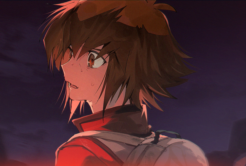 1boy aoki_(fumomo) bangs brown_eyes brown_hair from_side hair_between_eyes highres jacket multicolored_hair open_mouth portrait red_jacket short_hair solo sweatdrop two-tone_hair yu-gi-oh! yu-gi-oh!_gx yuuki_juudai