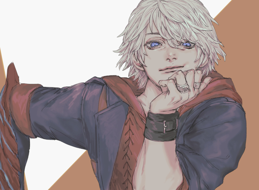 1boy belt_bracelet blue_eyes cheek_squash closed_mouth coat devil_may_cry_(series) devil_may_cry_4 eyelashes hand_on_own_chin highres jewelry looking_at_viewer male_focus multicolored_background nero_(devil_may_cry) ring short_hair silver_hair sitting solo white_hair yuusya27