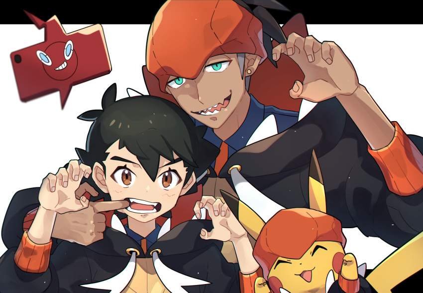2boys age_difference ash_ketchum black_hair brown_eyes commentary_request cosplay dark-skinned_male dark_skin earrings finger_in_another's_mouth hair_between_eyes highres jewelry looking_at_viewer male_focus mouth_pull multiple_boys ou_negi pikachu pokemon pokemon_(anime) pokemon_(creature) pokemon_swsh_(anime) raihan_(pokemon) raihan_(pokemon)_(cosplay) rotom rotom_phone teeth