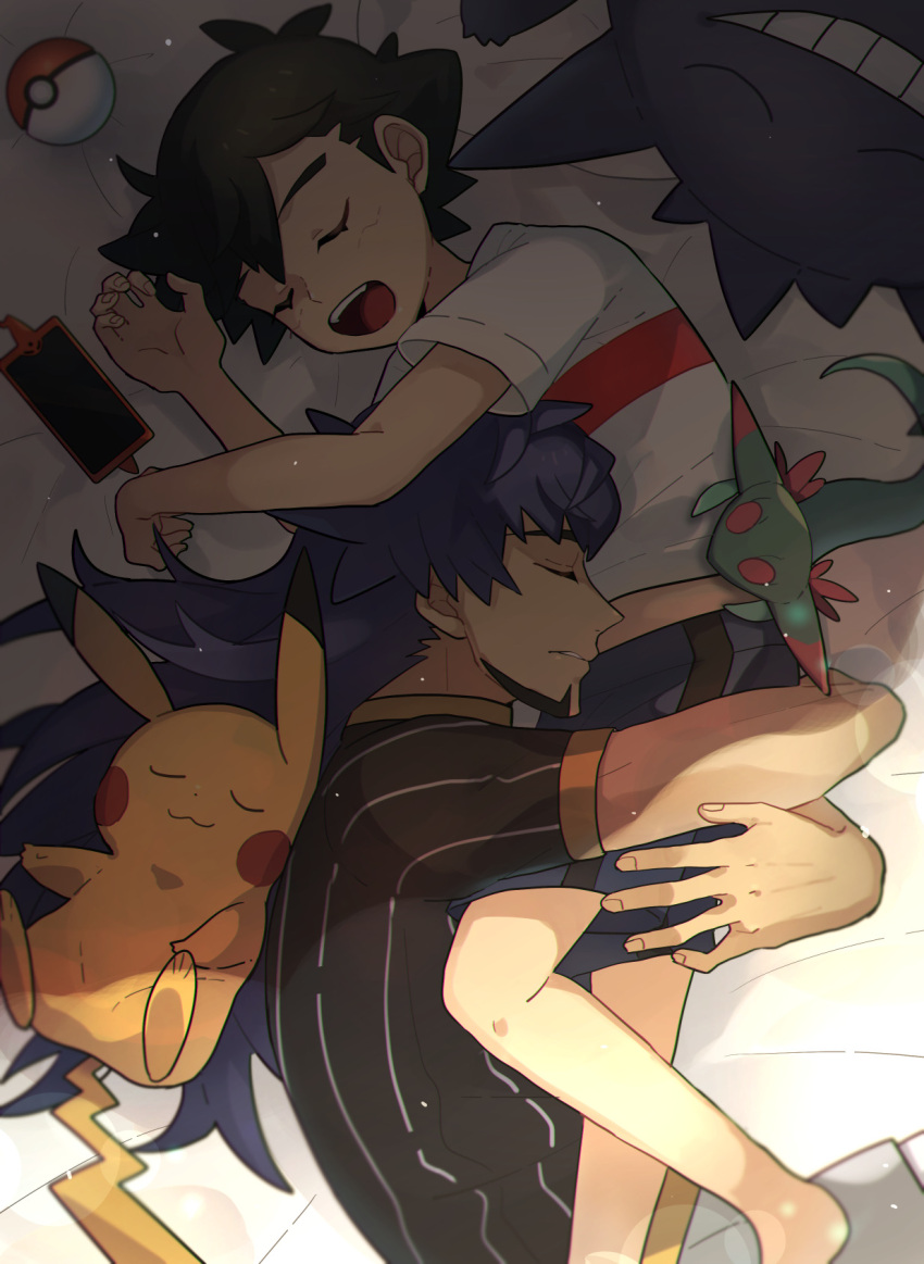 2boys ash_ketchum bangs black_hair champion_uniform closed_eyes commentary_request dark-skinned_male dark_skin dreepy eyelashes facial_hair fingernails from_above gengar highres leon_(pokemon) long_hair lying male_focus multiple_boys on_side open_mouth ou_negi parted_lips pikachu poke_ball poke_ball_(basic) pokemon pokemon_(anime) pokemon_(creature) pokemon_swsh_(anime) purple_hair rotom rotom_phone shadow shirt short_hair short_sleeves shorts sleeping t-shirt teeth tongue upper_teeth white_shirt