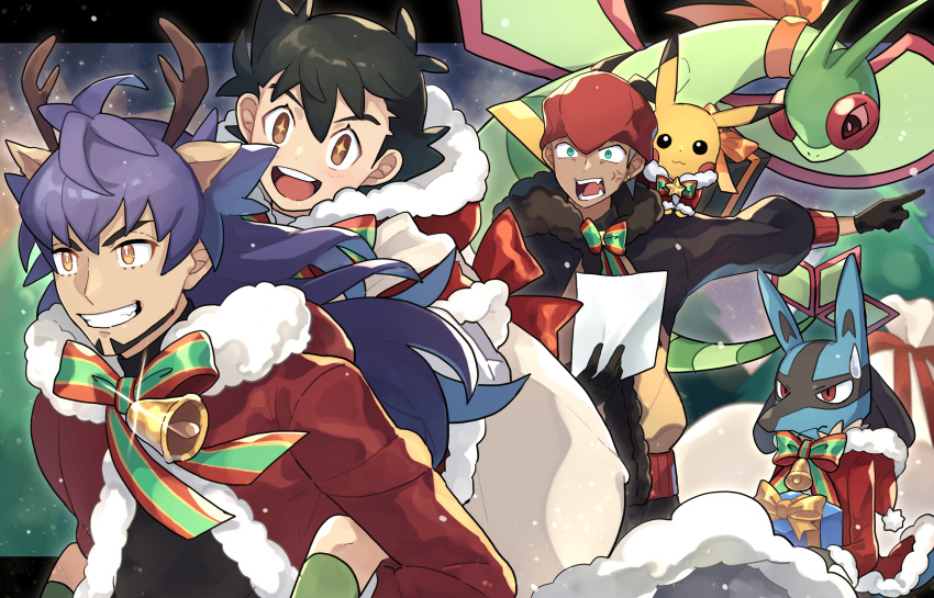 +_+ 3boys :d anger_vein ash_ketchum bangs bell black_gloves black_hair black_hoodie brown_eyes closed_mouth coat commentary_request eyelashes flygon glint gloves grin hair_between_eyes highres holding holding_paper hood hoodie leon_(pokemon) long_hair lucario male_focus multiple_boys open_mouth orange_headwear ou_negi paper pikachu pointing pokemon pokemon_(anime) pokemon_(creature) pokemon_swsh_(anime) purple_hair raihan_(pokemon) red_coat ribbon shiny shiny_hair short_hair smile sweatdrop teeth tongue upper_teeth