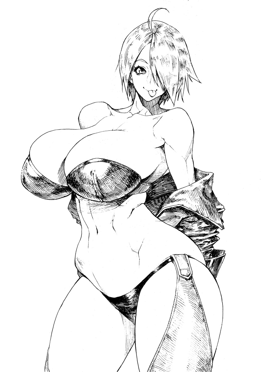 1girl absurdres angel_(kof) bonten bra breasts cropped_jacket hair_over_one_eye highres jacket large_breasts leather leather_jacket looking_at_viewer monochrome panties snk strapless strapless_bra the_king_of_fighters the_king_of_fighters_xiv the_king_of_fighters_xv toned tongue tongue_out underwear white_hair