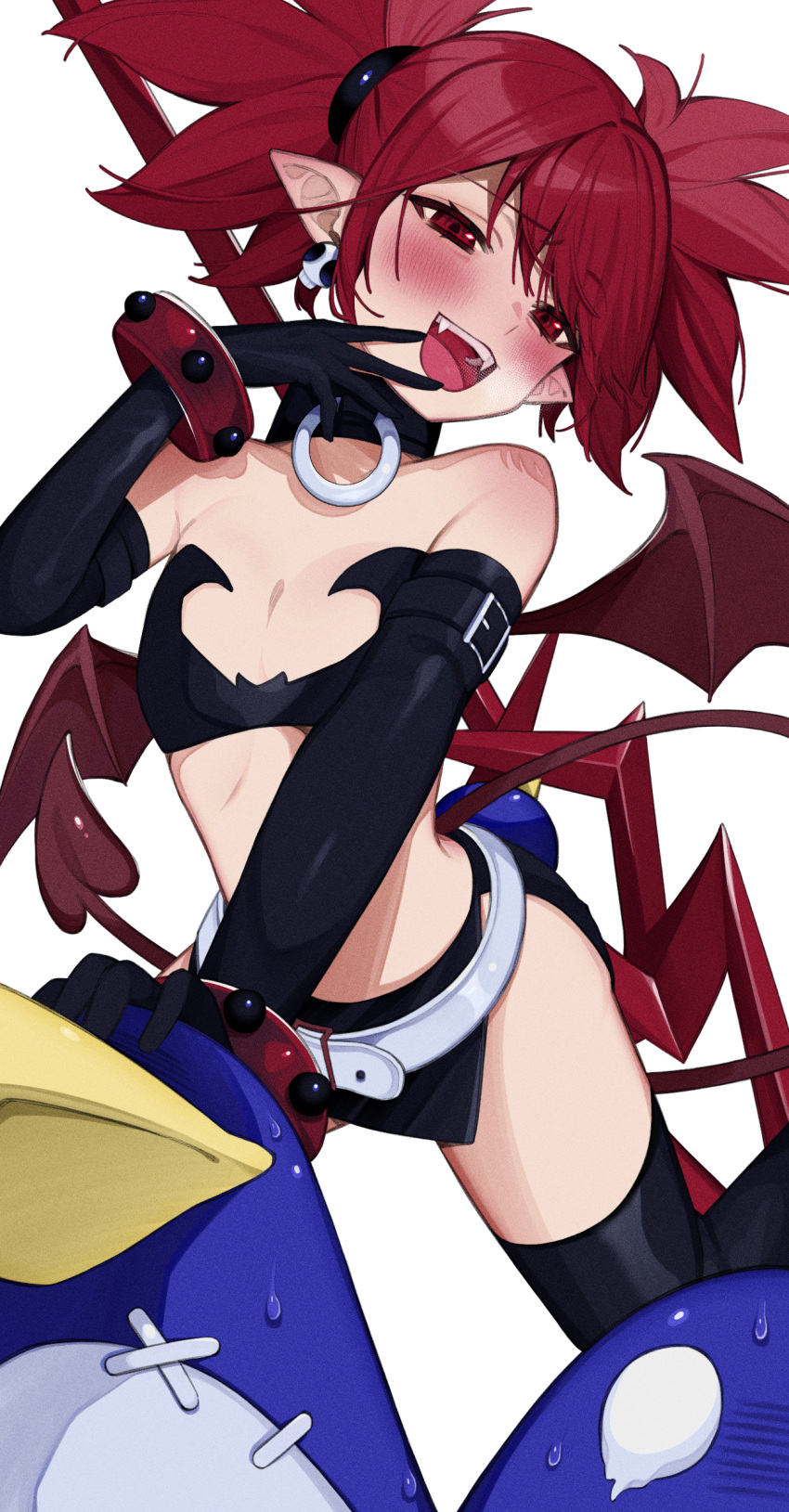 1girl absurdres bat_wings black_gloves boots demon_girl demon_tail demon_wings disgaea earrings elbow_gloves etna flat_chest gloves highres jewelry laze looking_at_viewer makai_senki_disgaea mini_wings pelvic_curtain pointy_ears prinny red_eyes redhead skull skull_earrings solo tail thigh-highs thigh_boots wings