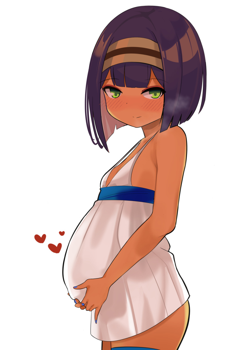 1girl bangs blunt_bangs blush bob_cut breasts closed_mouth cowboy_shot dark-skinned_female dark_skin dress green_eyes hairband heart highres holding_stomach looking_at_viewer original petite pregnant short_dress short_hair small_breasts solo standing surio white_background white_dress