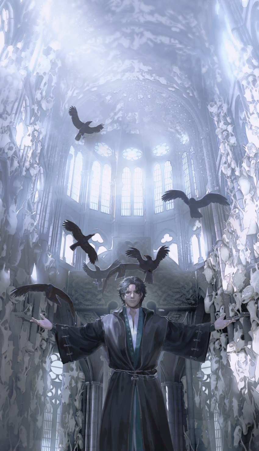 1boy absurdres amon_(lord_of_the_mysteries) angel animal_skull bangs bird black_eyes black_hair black_robe cathedral chinese_commentary church_interior commentary crow cupola highres indoors lips long_sleeves looking_at_viewer lord_of_the_mysteries monocle open_arms pillar shirt short_hair skull smile sunlight white_shirt window yinyoushirenmaotouying