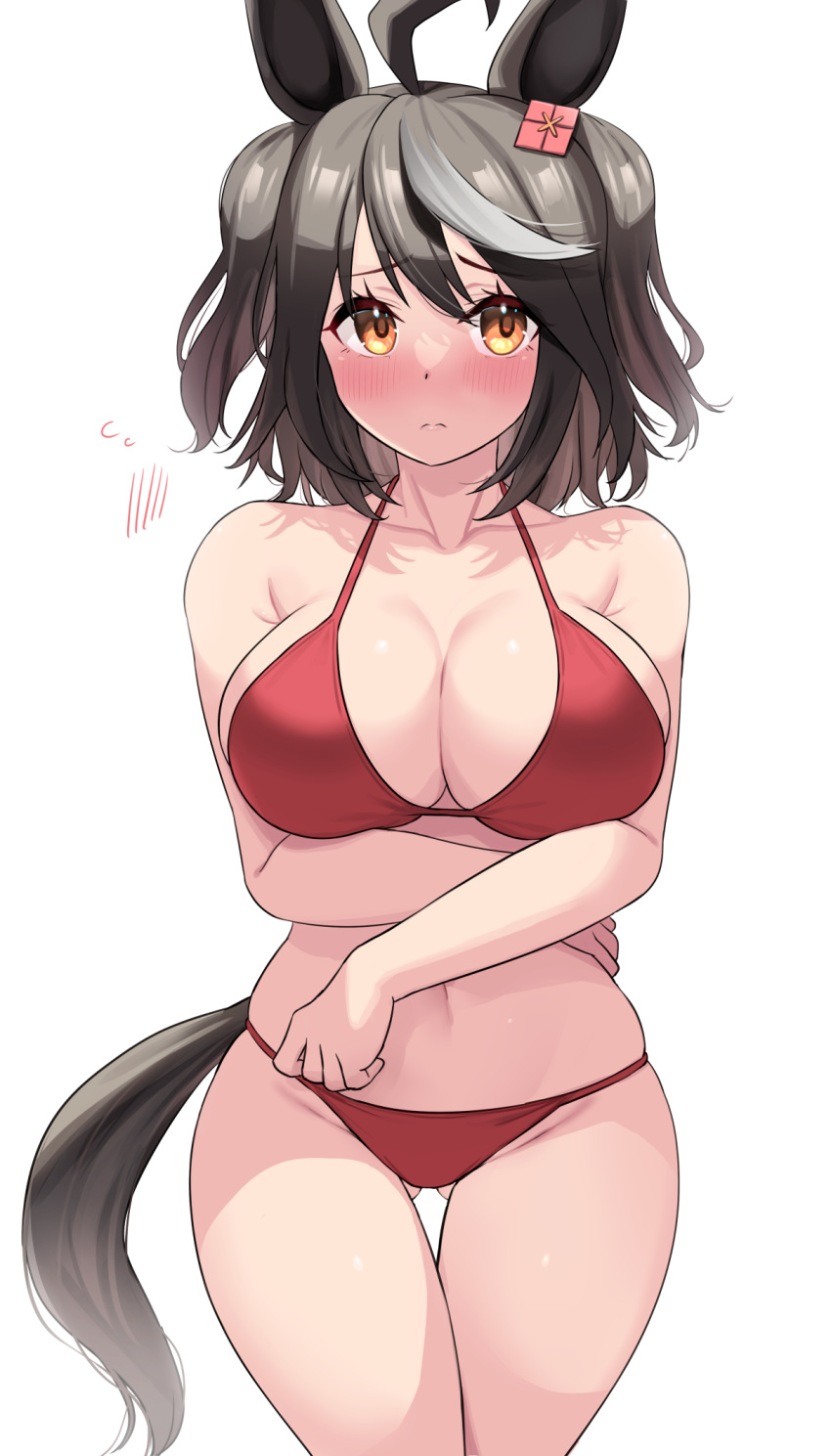 1girl ahoge animal_ears ass_visible_through_thighs bikini black_hair blush breasts closed_mouth collarbone commentary_request eyebrows_visible_through_hair flying_sweatdrops hair_ornament highres horse_ears horse_girl horse_tail kibihimi kitasan_black_(umamusume) large_breasts looking_at_viewer multicolored_hair navel red_bikini short_hair simple_background solo streaked_hair swimsuit tail thigh_gap umamusume white_background white_hair yellow_eyes