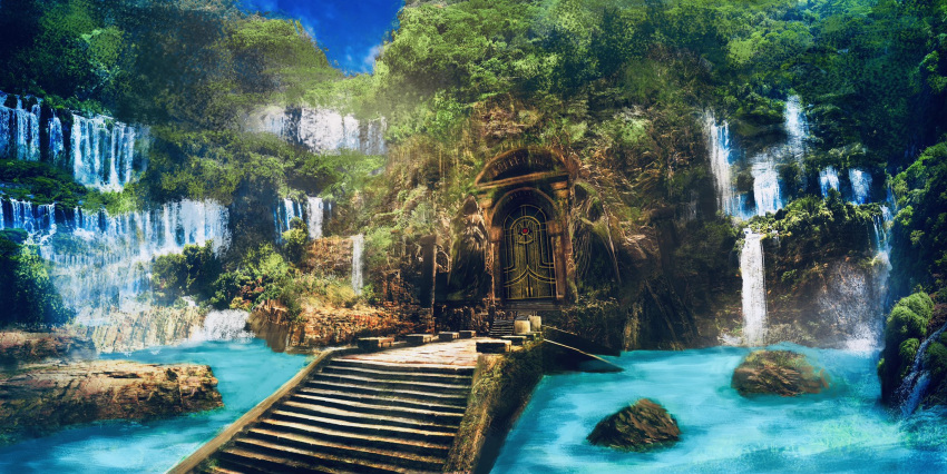 architecture commentary_request day floating_island forest highres miyabisaito moat moss nature no_humans original outdoors scenery stairs stream tree water waterfall