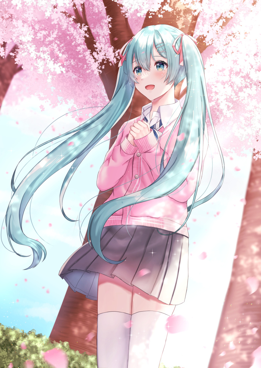 1girl :d absurdres bangs blue_eyes blue_hair blush cardigan cherry_blossoms collared_shirt cowboy_shot crying crying_with_eyes_open floating_hair grey_skirt hair_between_eyes hair_ornament hair_ribbon hairclip happy_tears hatsune_miku highres long_hair miniskirt nei_(aduma1120ponpon) open_mouth own_hands_together pink_cardigan pink_ribbon pleated_skirt ribbon school_uniform shiny shiny_hair shirt skirt smile solo sparkle spring_(season) standing tears thigh-highs twintails very_long_hair vocaloid white_legwear white_shirt wing_collar x_hair_ornament