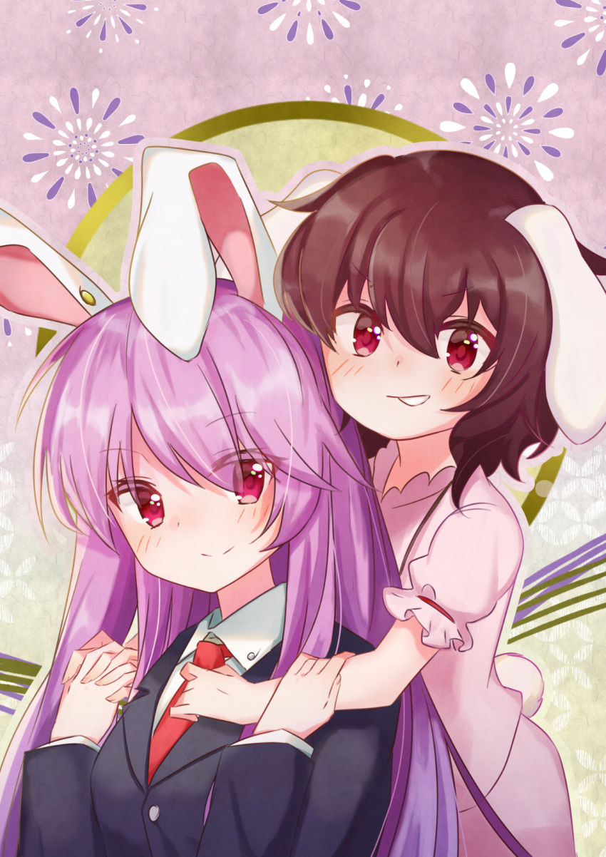 2girls animal_ears bangs black_jacket blush breasts brown_hair buttons closed_mouth collared_shirt commentary_request dress eyebrows_visible_through_hair eyelashes eyes_visible_through_hair fingernails fireworks green_background hair_between_eyes hands_up highres inaba_tewi jacket jewelry kutabiretainu long_fingernails long_hair long_sleeves looking_at_another looking_at_viewer medium_breasts multicolored_background multiple_girls necklace necktie pink_dress pink_eyes puffy_short_sleeves puffy_sleeves purple_background purple_hair rabbit_ears rabbit_tail red_necktie reisen_udongein_inaba shirt short_hair short_sleeves smile tail teeth touhou upper_body v-shaped_eyebrows yuri