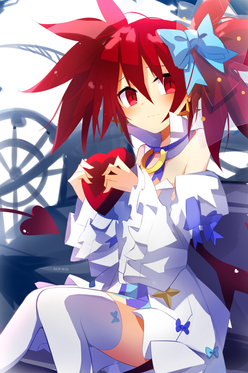 1girl absurdres bangs blush chocolate demon_girl demon_tail demon_wings detached_sleeves disgaea disgaea_rpg earrings etna eyebrows_visible_through_hair highres jewelry nanozenzen pointy_ears red_eyes red_wings redhead saint_etna sitting slit_pupils solo tail thigh-highs twintails valentine white_legwear wings