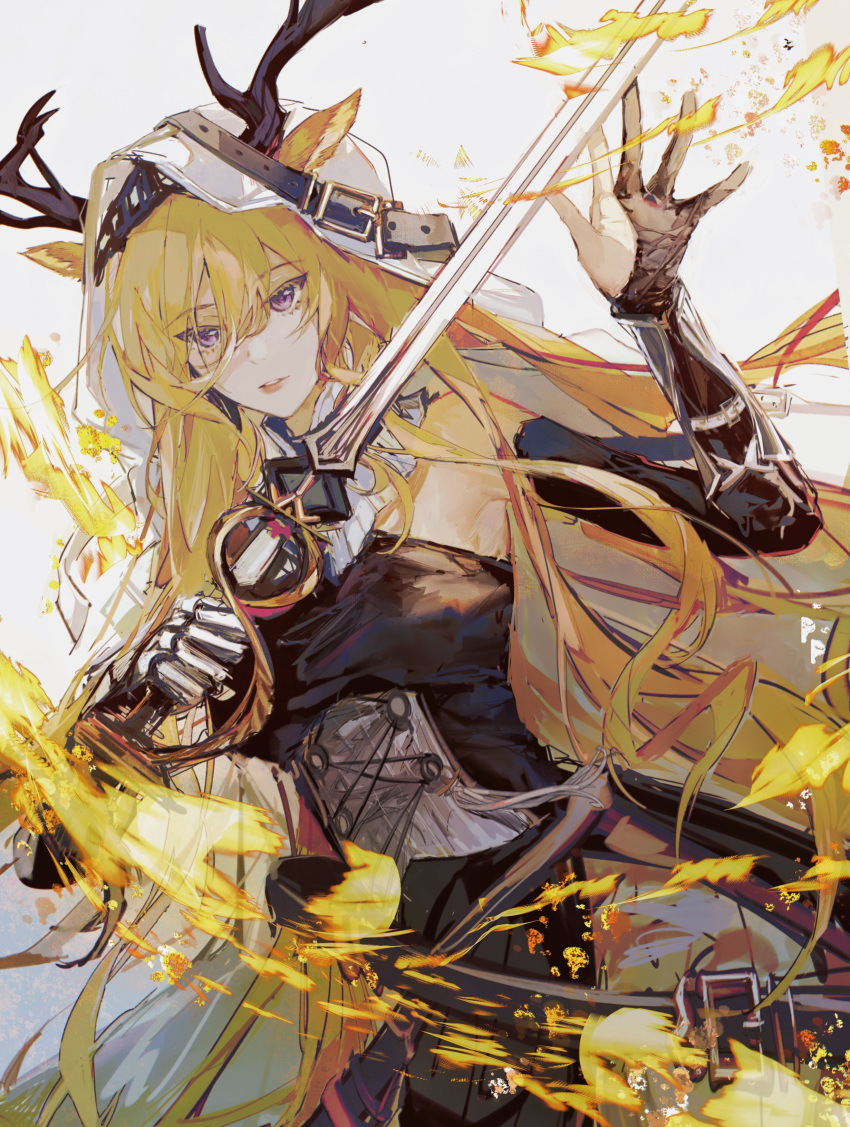1girl absurdres animal_ears arknights bangs bare_shoulders black_dress black_gloves blonde_hair buckle cape chinese_commentary commentary cowboy_shot deer_antlers deer_ears deer_girl dress dutch_angle ears_through_headwear elbow_gloves eyebrows_visible_through_hair fire gloves hair_between_eyes highres holding holding_sword holding_weapon hood hooded_cape long_hair looking_at_viewer parted_lips partially_fingerless_gloves ringein simple_background sleeveless sleeveless_dress solo sword very_long_hair violet_eyes vivienne_(arknights) weapon white_background white_cape