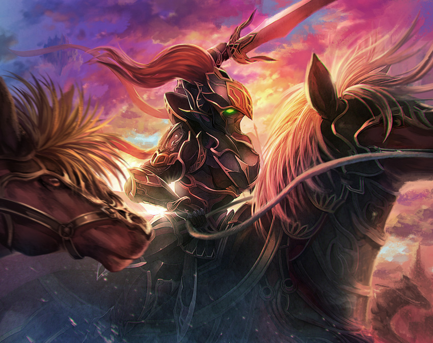 1boy animal armor clouds helmet holding holding_sword holding_weapon horse knight male_focus original riding scenery sky sword weapon y.m