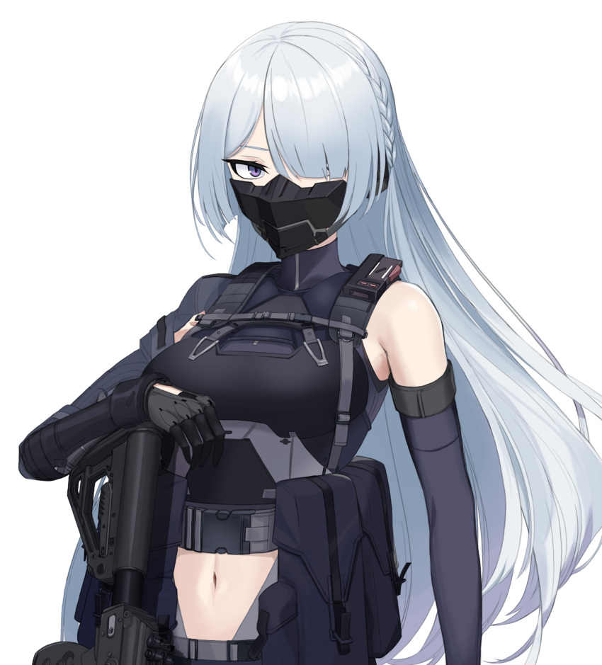 1girl ak-15 ak-15_(girls'_frontline) assault_rifle black_gloves braid breasts clothing_cutout covered_mouth dlarudgml21 elbow_gloves french_braid girls_frontline gloves gun hair_over_one_eye highres kalashnikov_rifle long_hair mask medium_breasts navel rifle silver_hair solo stomach_cutout tactical_clothes upper_body violet_eyes weapon