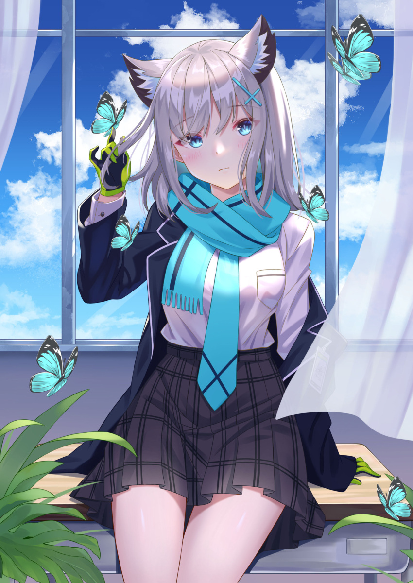 1girl absurdres animal_ear_fluff animal_ears aqua_butterfly aqua_eyes arm_at_side arm_support bangs black_jacket blue_archive blue_butterfly blue_eyes blue_scarf breast_pocket breasts bug butterfly butterfly_on_hand calder_(pixiv3698273) cat_ears clouds cowboy_shot cross cross_hair_ornament curtains day desk frown gloves green_gloves grey_hair hair_ornament hand_up head_tilt highres indoors inverted_cross jacket leaf long_sleeves looking_at_viewer medium_hair mismatched_pupils necktie off_shoulder on_desk open_clothes open_jacket plaid plaid_skirt plant pleated_skirt pocket scarf school_desk school_uniform shiroko_(blue_archive) shirt shirt_tucked_in sitting skirt sleeves_past_wrists solo white_shirt wind window