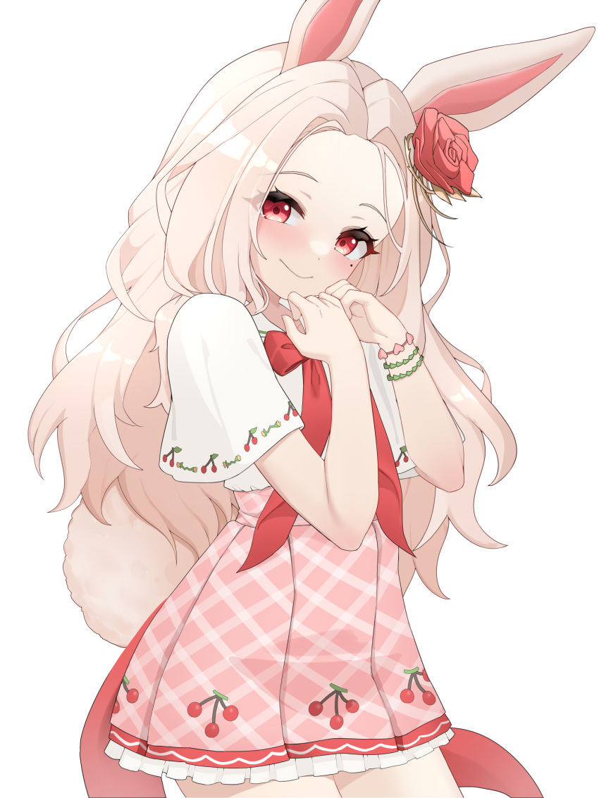 1girl animal_ears brokan715 brown_hair commission dress flower forehead hair_flower hair_ornament hand_to_own_mouth highres long_hair looking_at_viewer mole mole_under_eye original pink_dress rabbit_ears rabbit_tail red_eyes rose shirt short_sleeves smile solo tail white_shirt