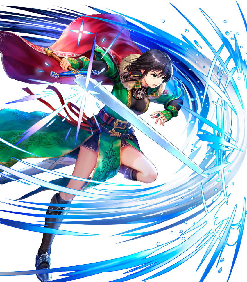 1girl asatani_tomoyo bangs belt belt_pouch black_hair black_legwear boots breasts brown_eyes cape dress earrings fingerless_gloves fingernails fire_emblem fire_emblem:_thracia_776 fire_emblem_heroes full_body fur_trim gloves gold_trim green_dress green_gloves hair_ornament highres holding holding_sword holding_weapon jewelry knee_boots leg_up mareeta_(fire_emblem) medium_breasts medium_hair necklace non-web_source official_art open_mouth pelvic_curtain pouch red_cape sheath shiny shiny_hair short_sleeves skin_tight slashing solo sword transparent_background weapon wide_sleeves